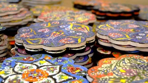 Turkish pottery coasters close Stock Footage 120360988