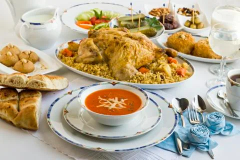 Turkish Ramadan Dinner iftar Table with roasted chicken and soup Stock Photos