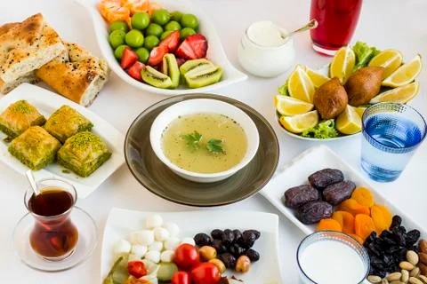 Turkish Ramadan Dinner iftar table with traditional foods Stock Photos