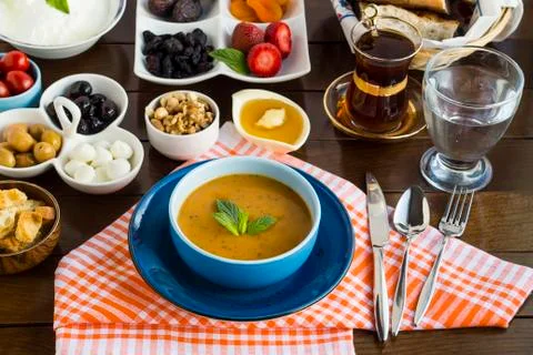 Turkish Ramadan Dinner Table with Beginning Menu Stock Photos