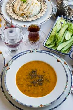 Turkish Ramadan Dinner,Iftar Table with large menu Stock Photos