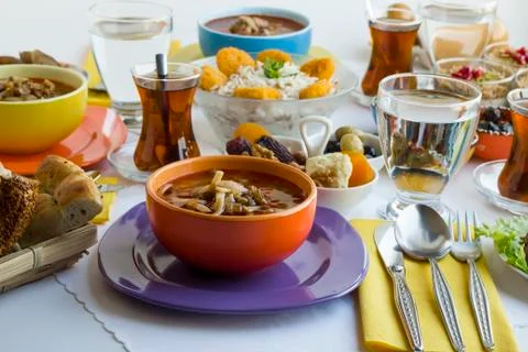 Turkish Ramadan, iftar Dining Table With Lentil Soups Stock Photos