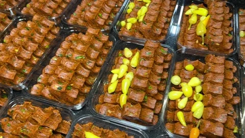 Turkish raw meatballs. Packaged raw meatballs. Local name i? kfte Stock Footage 237432563