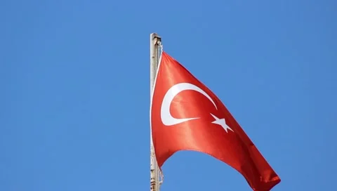 Turkish red flag waving with the wind in the blue sky with full glory Stock Footage 202342664
