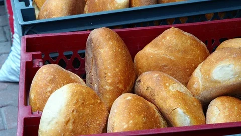 Turkish round bread on basket Stock Footage 93586466