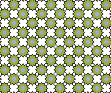 Turkish Seamless Pattern Blue Green Pink Floral Star and White Cross Repeat.. Stock Illustration