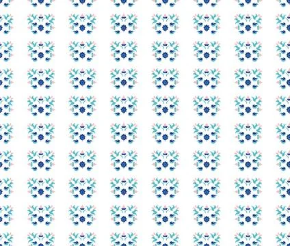 Turkish Seamless Pattern with Blue Pink Floral Designs on White Background Illustrazione stock