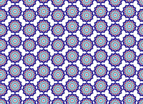 Turkish Seamless Pattern Mandala with Red Blue Floral Geometric Motifs Stock Illustration