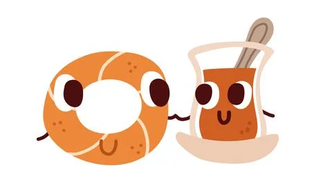 Turkish simit and tea cup characters. Stock Illustration