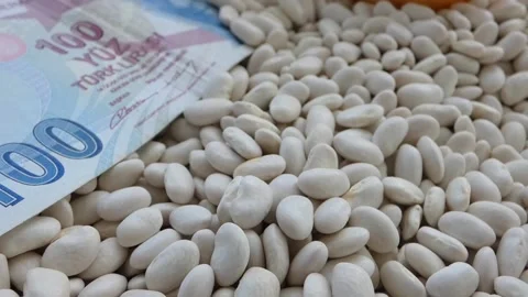 Turkish style bean dish, 100 Turkish lira stands next to dried white beans an Vídeo Stock 162120796