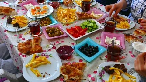 Turkish style breakfast table, world countries breakfast examples, Stock Footage 101118768