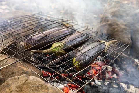 Turkish style eggplant barbecue, campfire, wood fire and outdoors in the fo.. Foto stock