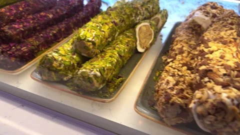 Turkish sweets in a bake shop window. Stock Footage 287804382