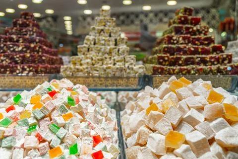 Turkish sweets on the counter Stock Photos