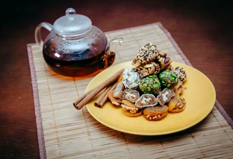 Turkish sweets on a wooden table Stock Photos