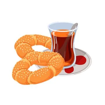 Turkish tea in a glass cup with two Turkish bagel simit for healthy breakfast Stock Illustration