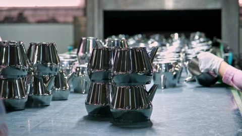 Turkish Tea Kettle Set on Production Line Double Teapot Manufacturing Stock Footage 332553063