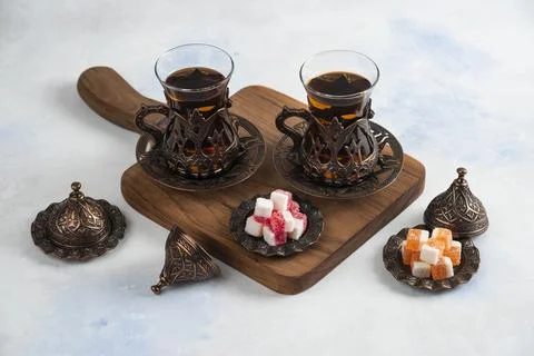 Turkish tea set. Fragrant tea and sweet candies Stock Photos