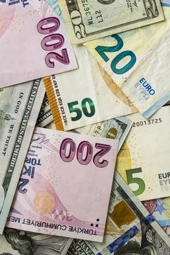 Turkish Two Hundred Banknotes designed with Euro and American Dollar Banknotes Stock Photos