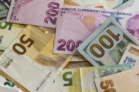 Turkish Two Hundred Banknotes designed with Euro and  US Dollar Stock Photos