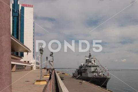 Turkish warship in the port of Odessa.NATO military forces in Ukraine. Odessa Stock Photos
