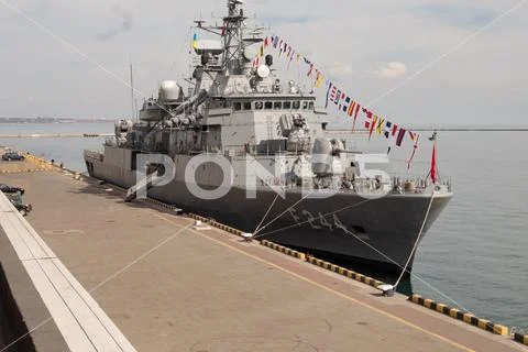 Turkish warship in the port of Odessa.NATO military forces in Ukraine. Odessa Stock Photos