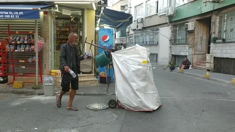Turkish Worker Collecting Plastic Bottles In Istanbul, Turkey Stock Footage 244588260