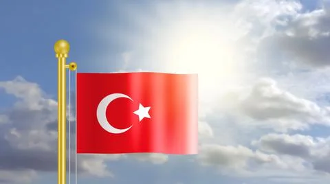 Turkiye flag waving on wind in blue sky and  front of bright sun light. Stock-Illustration