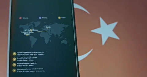 Turkiye as target for cyber attacks, live map and flag of Turkiye on background Stock Footage 310845520