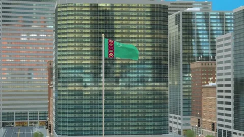 Turkmenistan Flag 3D Render Animation on Pole with Modern Business District  Video stock 332878174