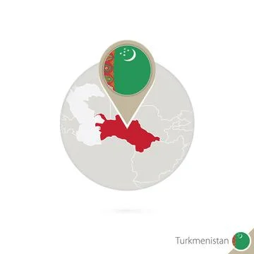 Turkmenistan map and flag in circle. Map of Turkmenistan, Turkmenistan flag.. Stock Illustration