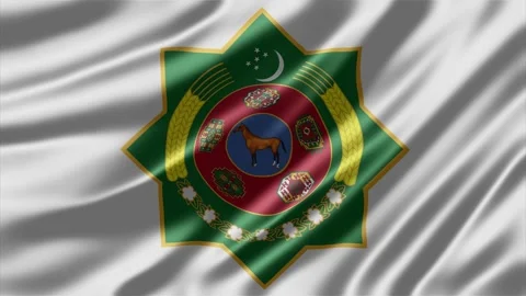 Turkmenistan state emblem displayed on a smooth waving white silk fabric Stock Footage 345134633