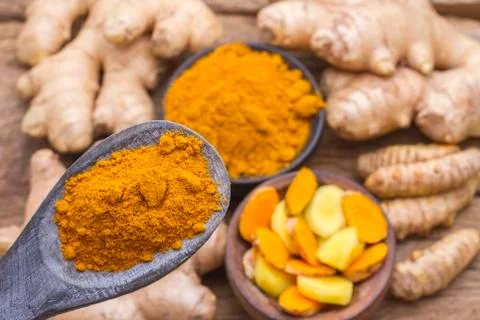 Turmeric and ginger on the table Stock Photos