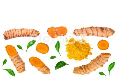 Turmeric powder and turmeric root isolated on white background with copy space Stock Photos