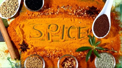 A Turmeric powder background with Indian spices and text Spice Stock Footage