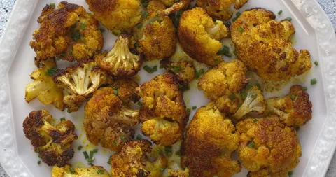 Turmeric Roasted Cauliflower on a serving plate. 스톡 동영상 309047613