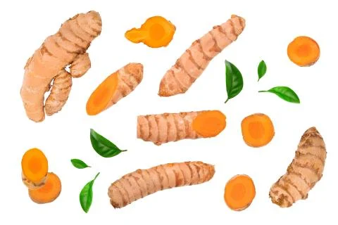 Turmeric root and slice isolated on white background with copy space for your Stock Photos