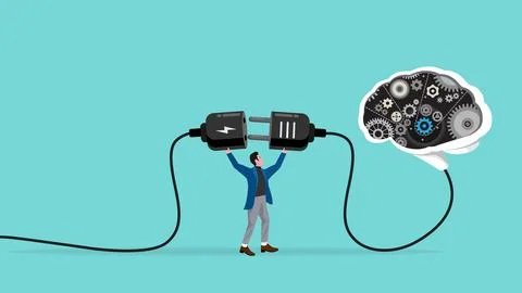 Turn on AI technology brain, work with AI, Augmented intelligence, human in.. 库存插图