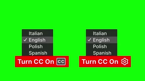 Turn CC On Animated Subtitle Overlay with Language Selection Green Screen 4K 스톡 동영상 337991207