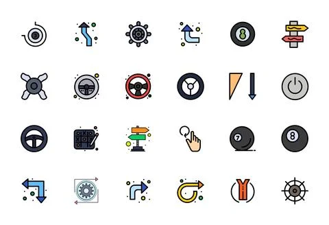 Turn Digital Vector Pack containing 24 Pixel Aligned Flat Line Filled Retin.. Stock Illustration