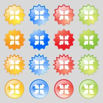 Turn to full screen  icon sign. Set from sixteen multi-colored glass buttons  Stock Illustration