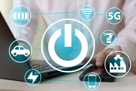 Turn off icon on the computer background. Stock Photos