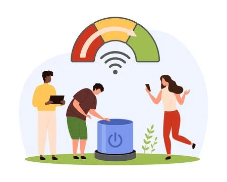 Turn on internet access and communication, tiny people push circle button with 스톡 일러스트