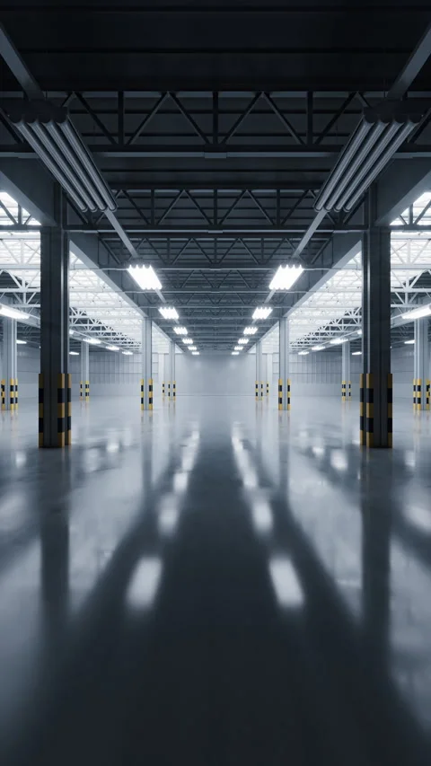 Turn on lights in the empty dark industrial factory, interior of warehouse,.. Stock Footage 341305034