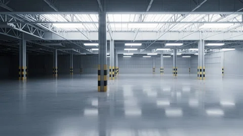 Turn on lights in the empty dark industrial factory, interior of warehouse,.. Stock Footage 341305909