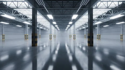 Turn on lights in the empty dark industrial factory, interior of warehouse,.. Stock Footage 341306859