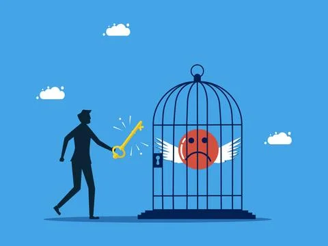 Turn on pessimism. man using a unlock key Sadness in a cage. business concept Stock Illustration