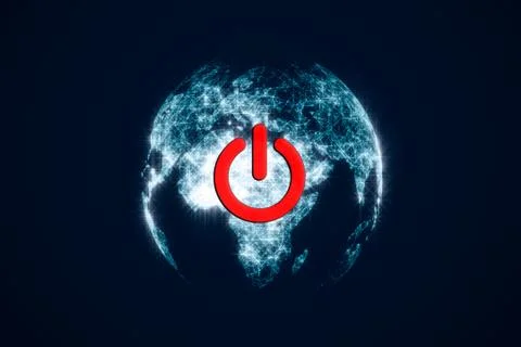 Turn on red button on Earth in dark space. On/off ecology light switch. A hol Stock Illustration