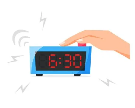 Turn of ringing alarm clock, pressing button on electronic clock, early morning Illustrazione stock
