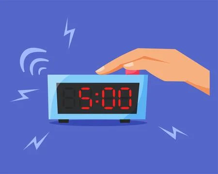 Turn off ringing alarm clock, pressing button on electronic clock, early morning Stock Illustration